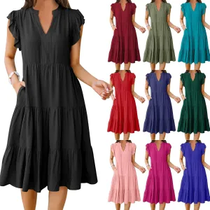 Womens Summer Short Sleeve Casual Dresses V-Neck A Line Work Formal Wedding Guest Midi Dress