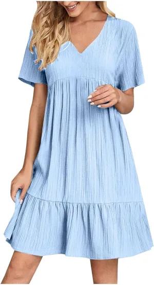 Womens Summer Short Sleeve Dresses V Neck Casual Solid Ruffle Tiered Layered Flowy A-Line Dress 2025 Beach Vacation