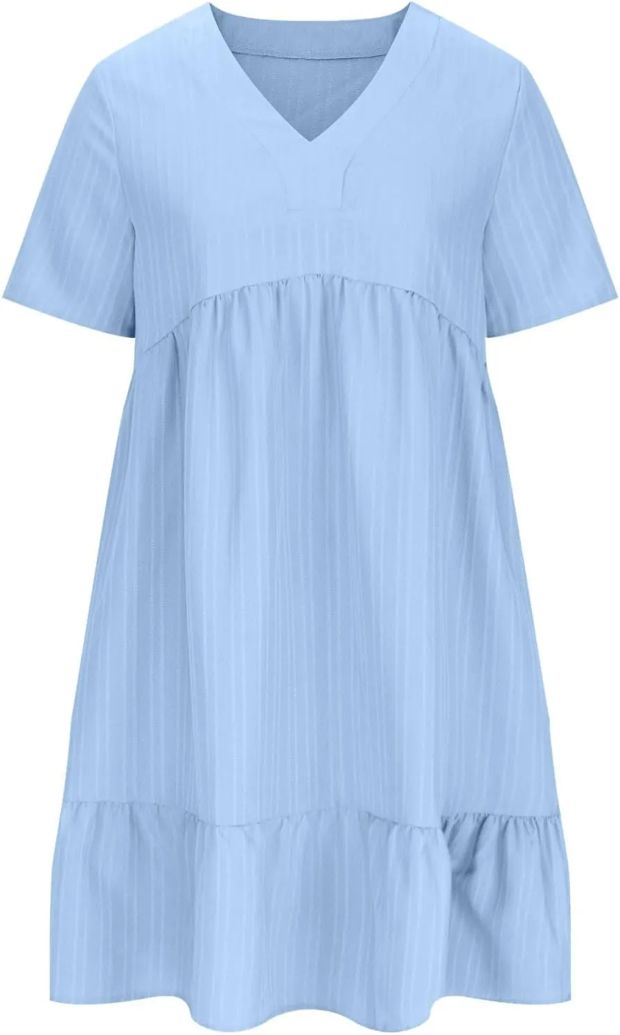 Womens Summer Short Sleeve Dresses V Neck Casual Solid Ruffle Tiered Layered Flowy A-Line Dress 2025 Beach Vacation