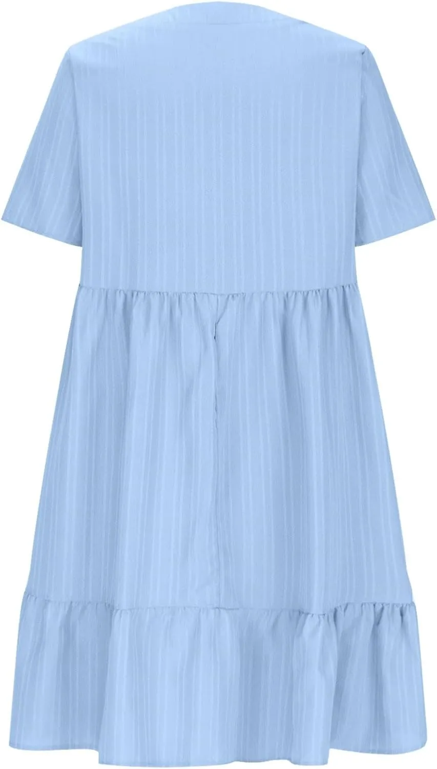 Womens Summer Short Sleeve Dresses V Neck Casual Solid Ruffle Tiered Layered Flowy A-Line Dress 2025 Beach Vacation