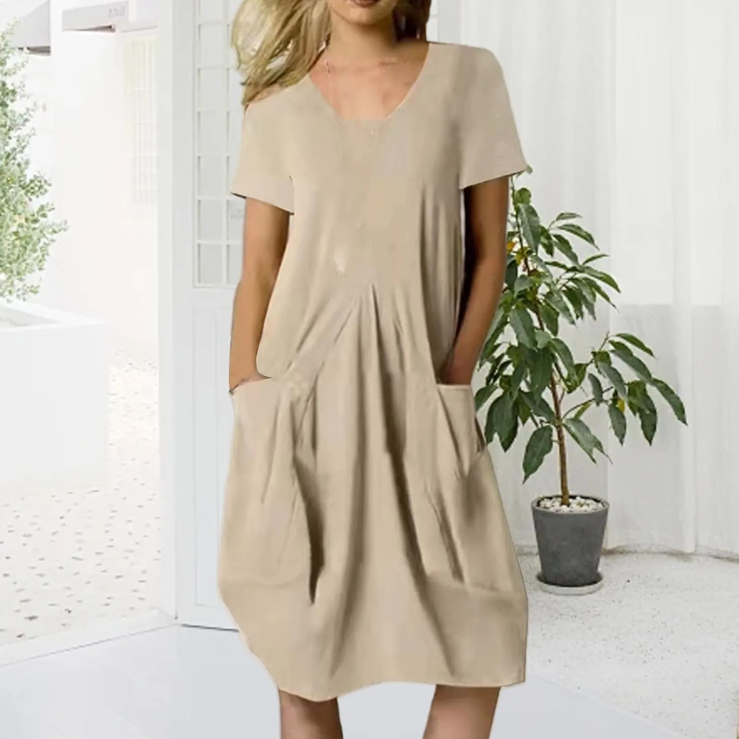 Womens Summer Short Sleeve T-Shirt Dress Knee Length Midi Dress Casual Loose Fit Sundresses with Pockets