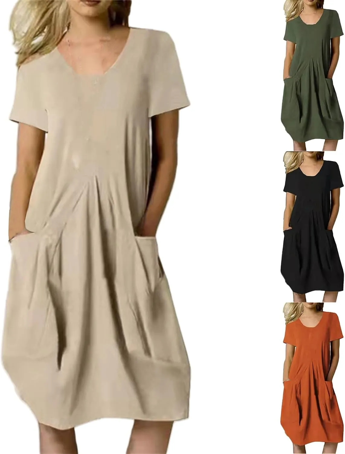 Womens Summer Short Sleeve T-Shirt Dress Knee Length Midi Dress Casual Loose Fit Sundresses with Pockets