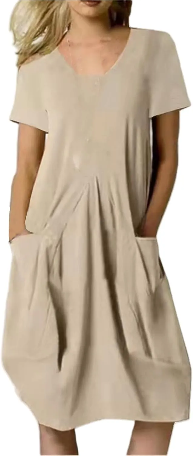 Womens Summer Short Sleeve T-Shirt Dress Knee Length Midi Dress Casual Loose Fit Sundresses with Pockets