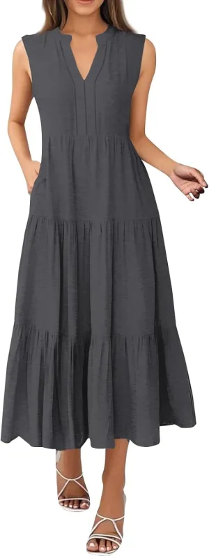 Women's Summer Sleeveless Dress Casual V Neck Pleated Ruffle Hem Tank Dresses Solid Color Beach Vacation Sundresses