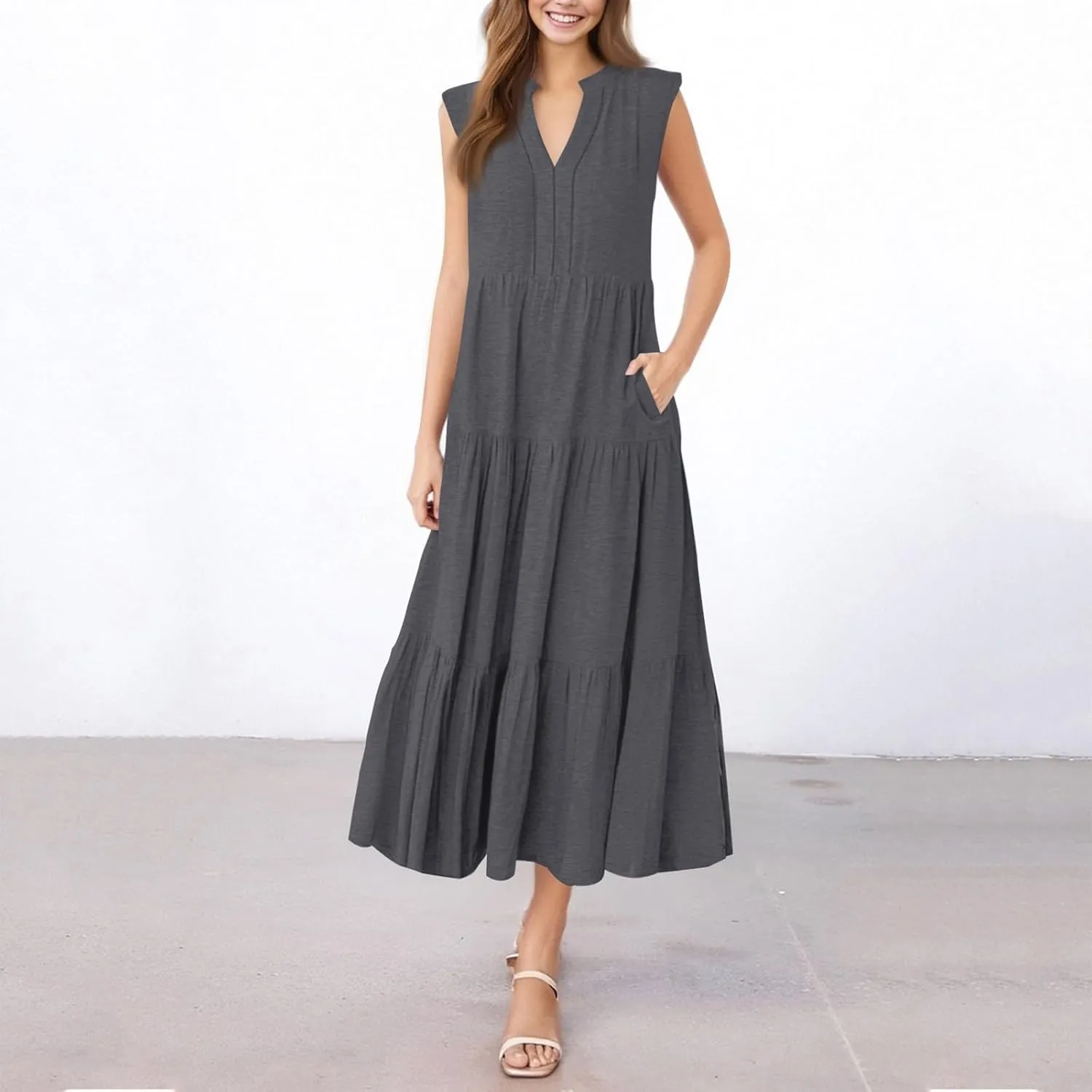 Women's Summer Sleeveless Dress Casual V Neck Pleated Ruffle Hem Tank Dresses Solid Color Beach Vacation Sundresses