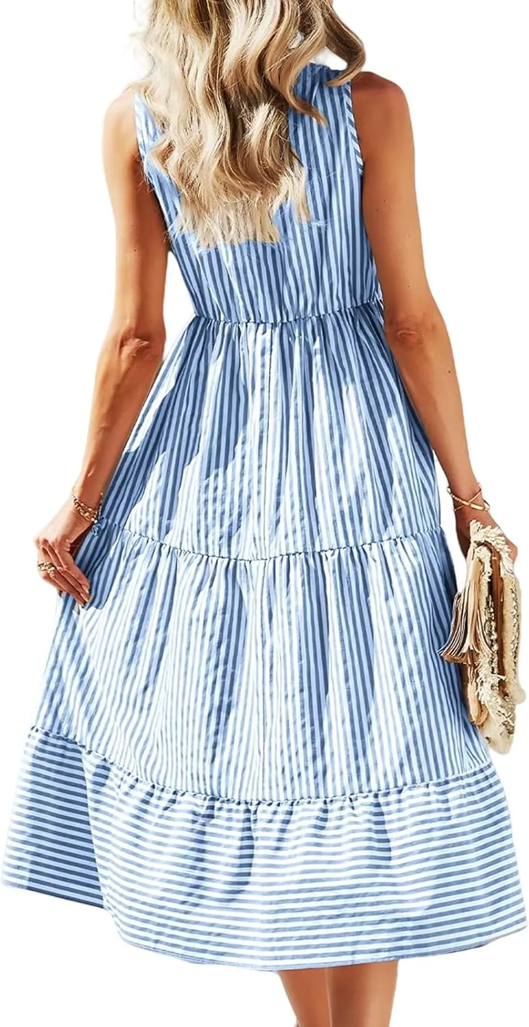 Womens Summer Sleeveless Shirt Dress Striped Print Notched Neck Dresses Casual Loose Fit Midi Dresses Beach Dress