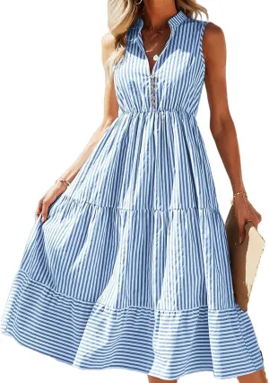 Womens Summer Sleeveless Shirt Dress Striped Print Notched Neck Dresses Casual Loose Fit Midi Dresses Beach Dress