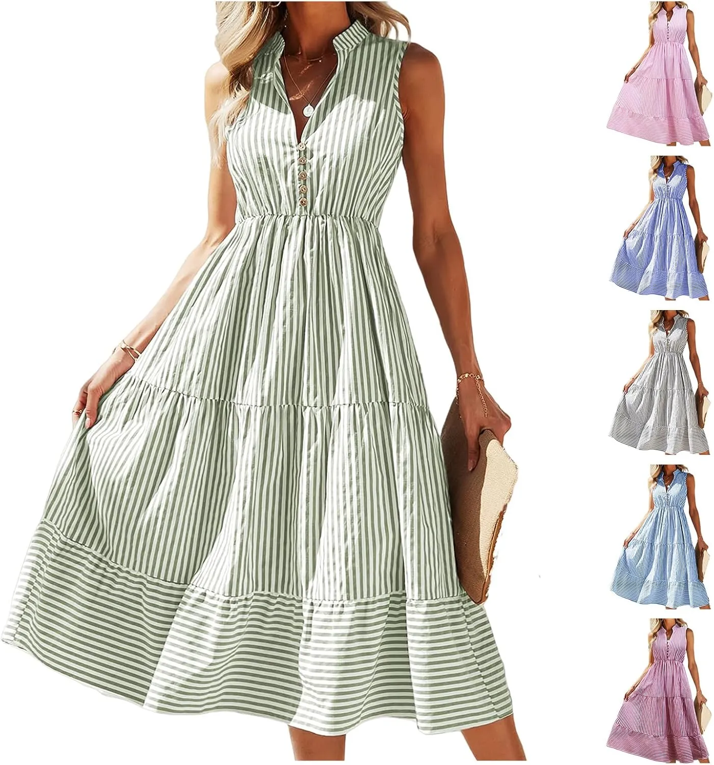Womens Summer Sleeveless Shirt Dress Striped Print Notched Neck Dresses Casual Loose Fit Midi Dresses Beach Dress