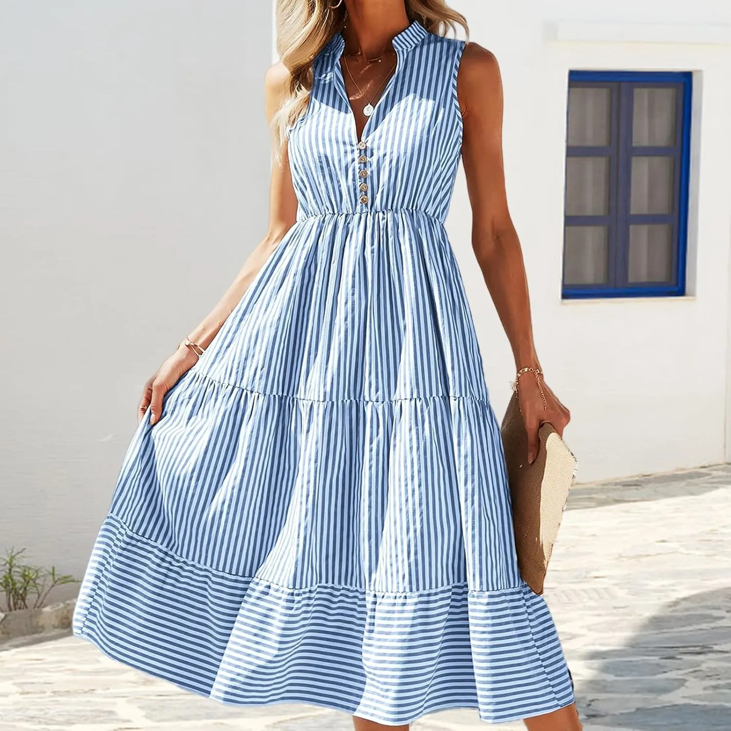 Womens Summer Sleeveless Shirt Dress Striped Print Notched Neck Dresses Casual Loose Fit Midi Dresses Beach Dress