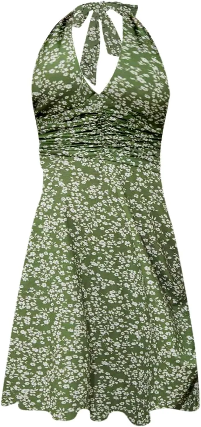 Women's Summer Sleeveless Sundress Sexy Wrap Halter V Neck 2025 Spring Floral Elastic Waist Ruffle Mini Dress Beach Vacation