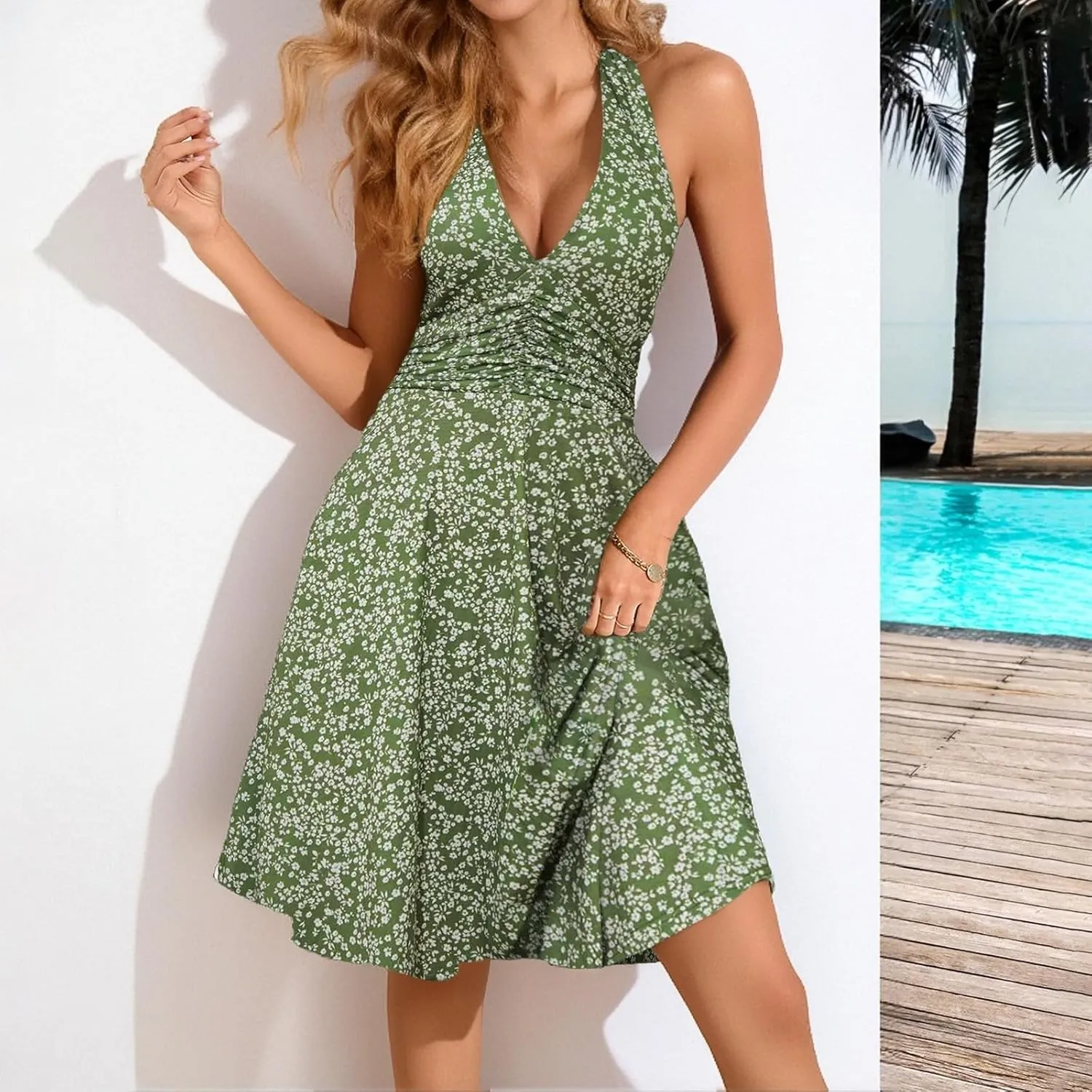 Women's Summer Sleeveless Sundress Sexy Wrap Halter V Neck 2025 Spring Floral Elastic Waist Ruffle Mini Dress Beach Vacation