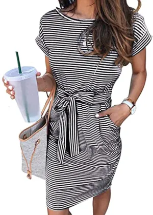 Women's Summer Striped Short Sleeve T Shirt Dress 2025 Loose Mini Dress Tie Waist Office Dresses with Pockets