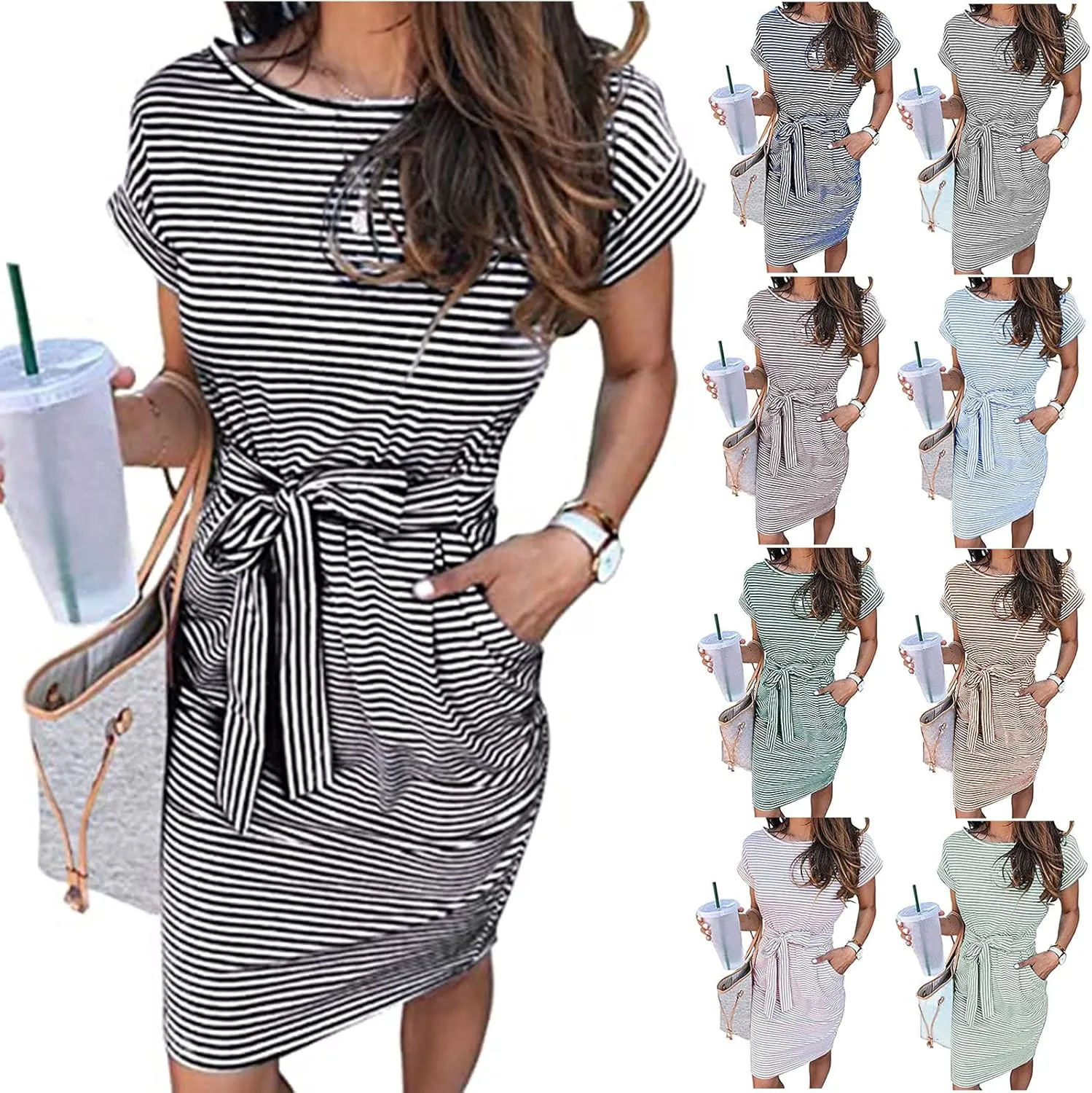 Women's Summer Striped Short Sleeve T Shirt Dress 2025 Loose Mini Dress Tie Waist Office Dresses with Pockets