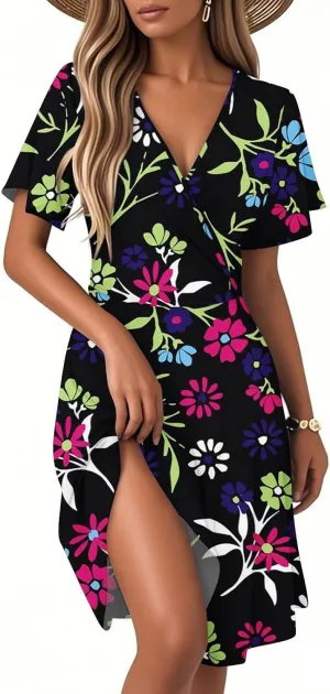 Womens Sundress Summer Floral Short Sleeve Wrap V Neck A-Line Casual Beach Midi Vaction Boho Dress