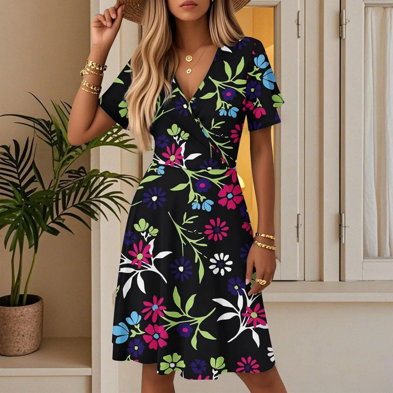 Womens Sundress Summer Floral Short Sleeve Wrap V Neck A-Line Casual Beach Midi Vaction Boho Dress