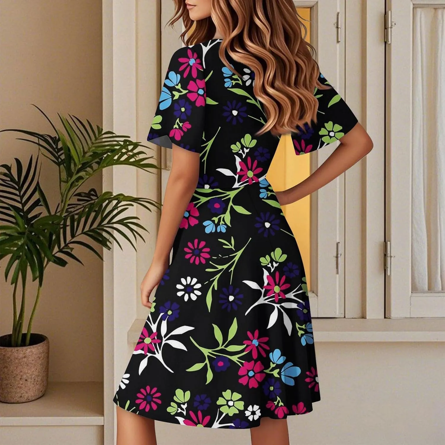 Womens Sundress Summer Floral Short Sleeve Wrap V Neck A-Line Casual Beach Midi Vaction Boho Dress