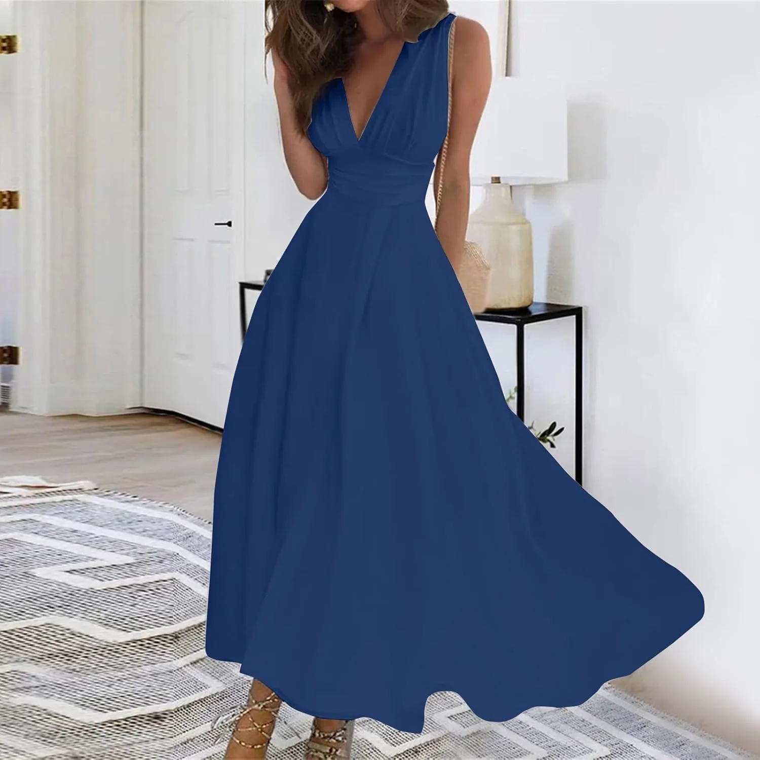 Womens Sundress Summer Floral Short Sleeve Wrap V Neck A-Line Midi Dress 2025 Elegant Flowy Beach Swing Dresses