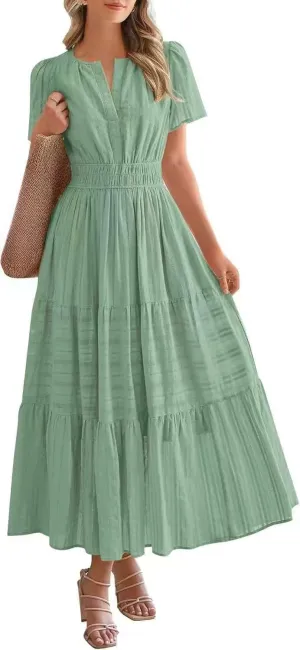 Women's Swing Dresses Knee Length Maxi Dress Elastic Waist Boho Flowy Sundress Beach Vacation Casual Midi Dress