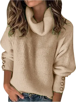 Women's Turtleneck Oversized Button Long Sleeve Knit Tunic Pullover Casual Loose Sweater Tops for 2023 Fall Winter