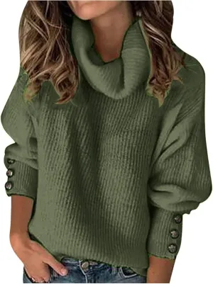 Women's Turtleneck Oversized Button Long Sleeve Knit Tunic Pullover Casual Loose Sweater Tops for 2023 Fall Winter