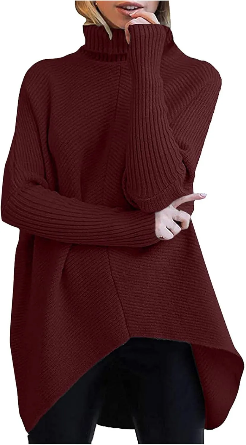Womens Turtleneck Oversized Sweater 2023 Long Sleeve Asymmetric Hem Casual Ribbing Knit Pullover Tunic Sweater