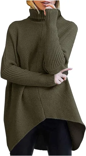 Womens Turtleneck Oversized Sweater 2023 Long Sleeve Asymmetric Hem Casual Ribbing Knit Pullover Tunic Sweater