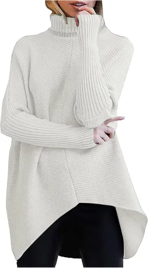 Womens Turtleneck Oversized Sweater 2023 Long Sleeve Asymmetric Hem Casual Ribbing Knit Pullover Tunic Sweater