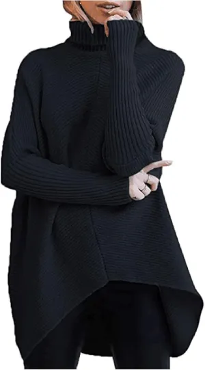 Womens Turtleneck Oversized Sweater 2023 Long Sleeve Asymmetric Hem Casual Ribbing Knit Pullover Tunic Sweater