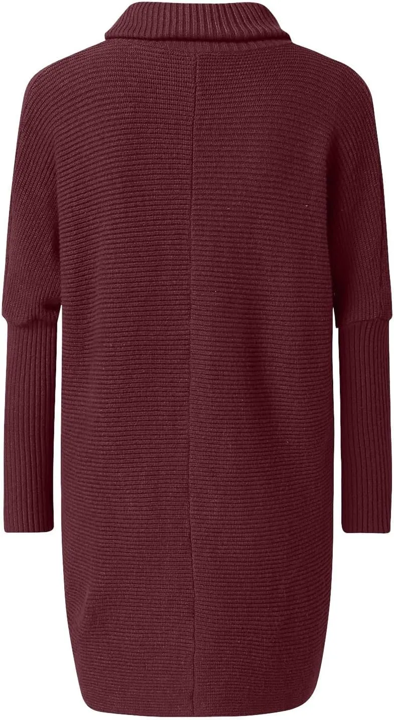 Womens Turtleneck Oversized Sweater 2023 Long Sleeve Asymmetric Hem Casual Ribbing Knit Pullover Tunic Sweater