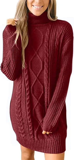 Women's Turtleneck Pullover Fall Winter Cable Knit Long Sleeve Chunky Mini Dresses Sweaters Casual Solid Color Tops