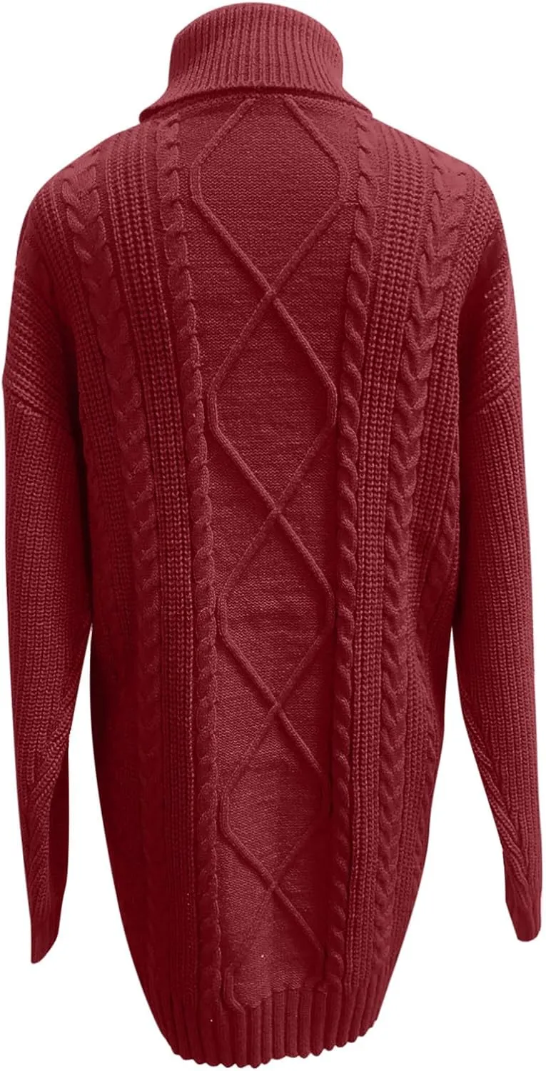 Women's Turtleneck Pullover Fall Winter Cable Knit Long Sleeve Chunky Mini Dresses Sweaters Casual Solid Color Tops