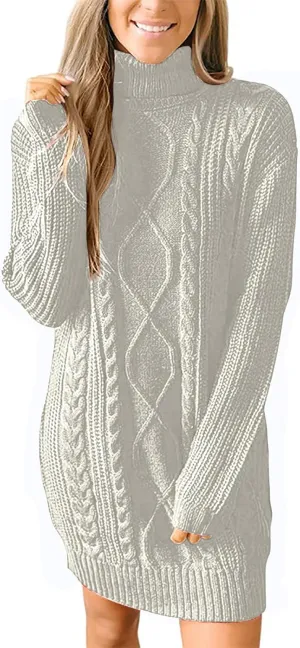 Women's Turtleneck Pullover Fall Winter Cable Knit Long Sleeve Chunky Mini Dresses Sweaters Casual Solid Color Tops