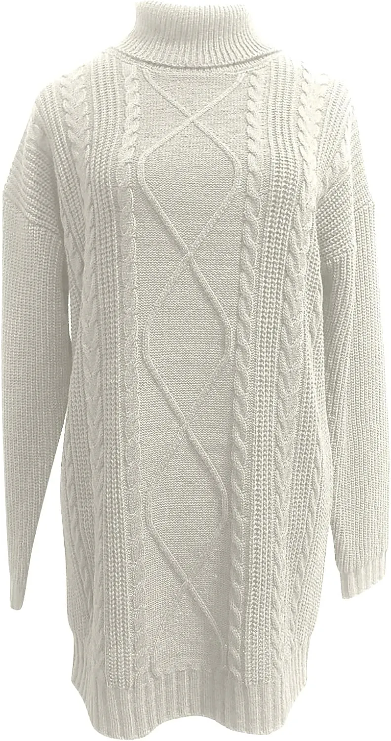 Women's Turtleneck Pullover Fall Winter Cable Knit Long Sleeve Chunky Mini Dresses Sweaters Casual Solid Color Tops