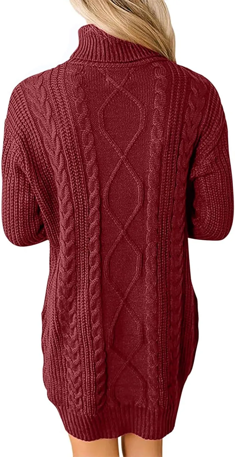 Women's Turtleneck Pullover Fall Winter Cable Knit Long Sleeve Chunky Mini Dresses Sweaters Casual Solid Color Tops