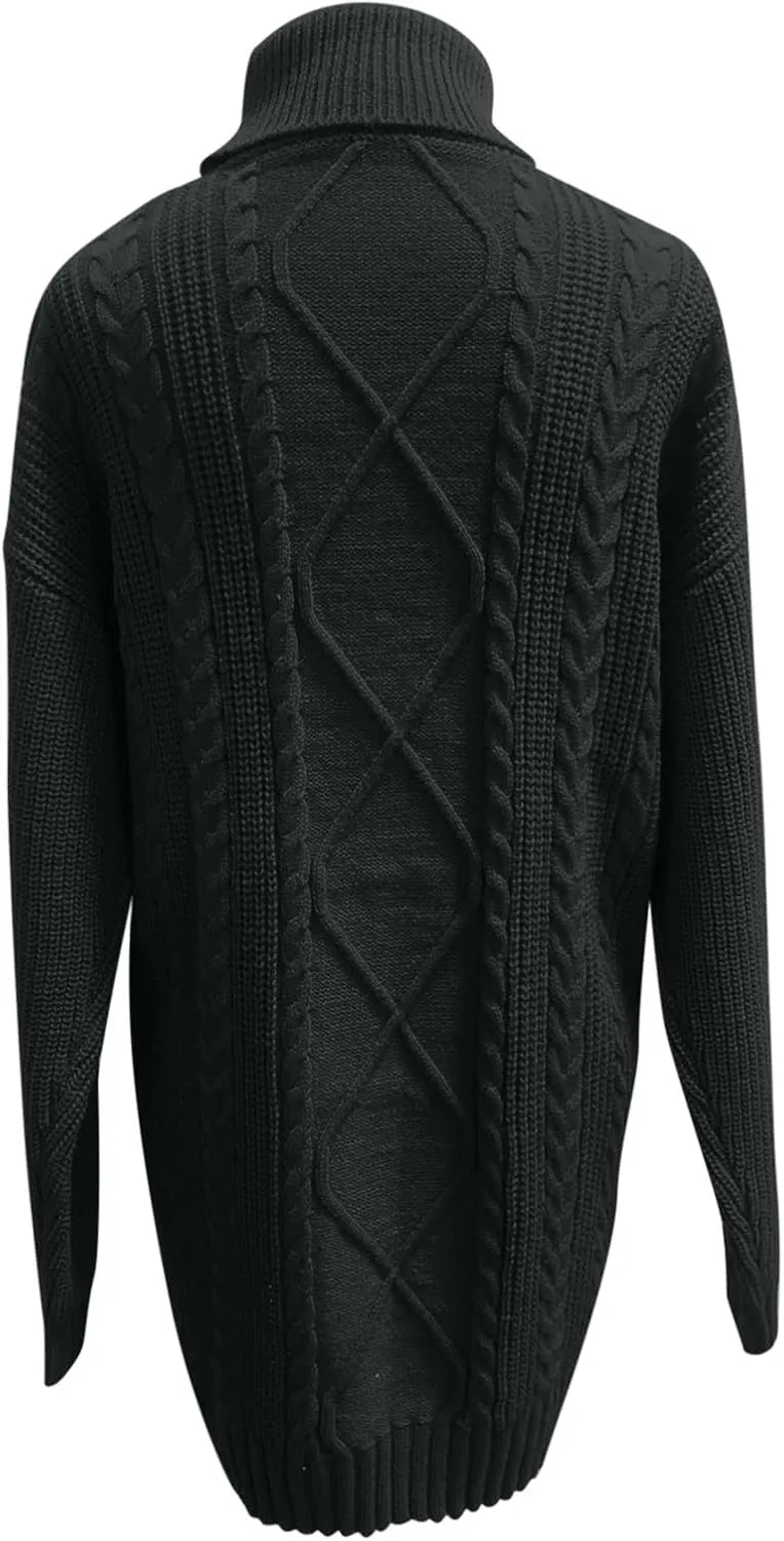Women's Turtleneck Pullover Fall Winter Cable Knit Long Sleeve Chunky Mini Dresses Sweaters Casual Solid Color Tops