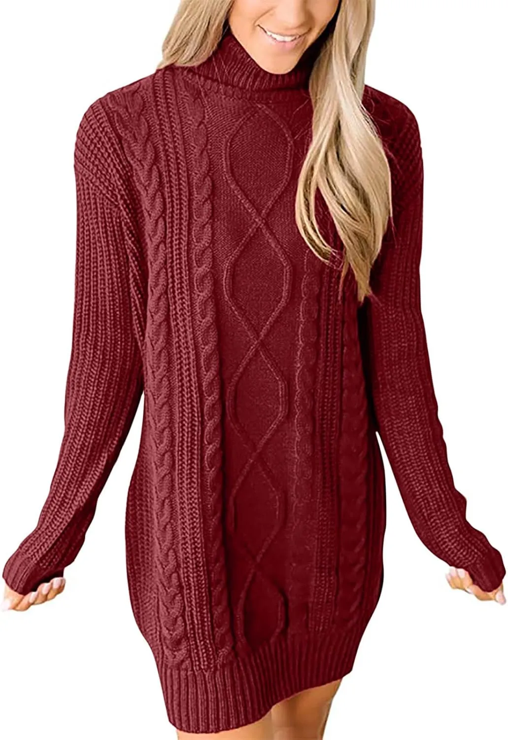 Women's Turtleneck Pullover Fall Winter Cable Knit Long Sleeve Chunky Mini Dresses Sweaters Casual Solid Color Tops