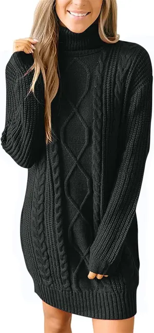Women's Turtleneck Pullover Fall Winter Cable Knit Long Sleeve Chunky Mini Dresses Sweaters Casual Solid Color Tops