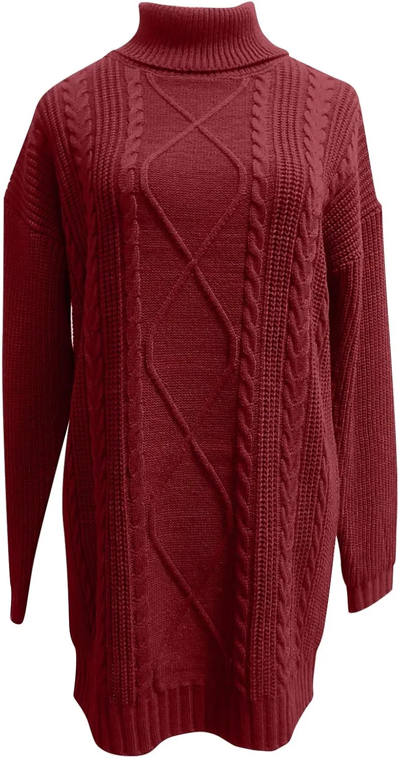 Women's Turtleneck Pullover Fall Winter Cable Knit Long Sleeve Chunky Mini Dresses Sweaters Casual Solid Color Tops