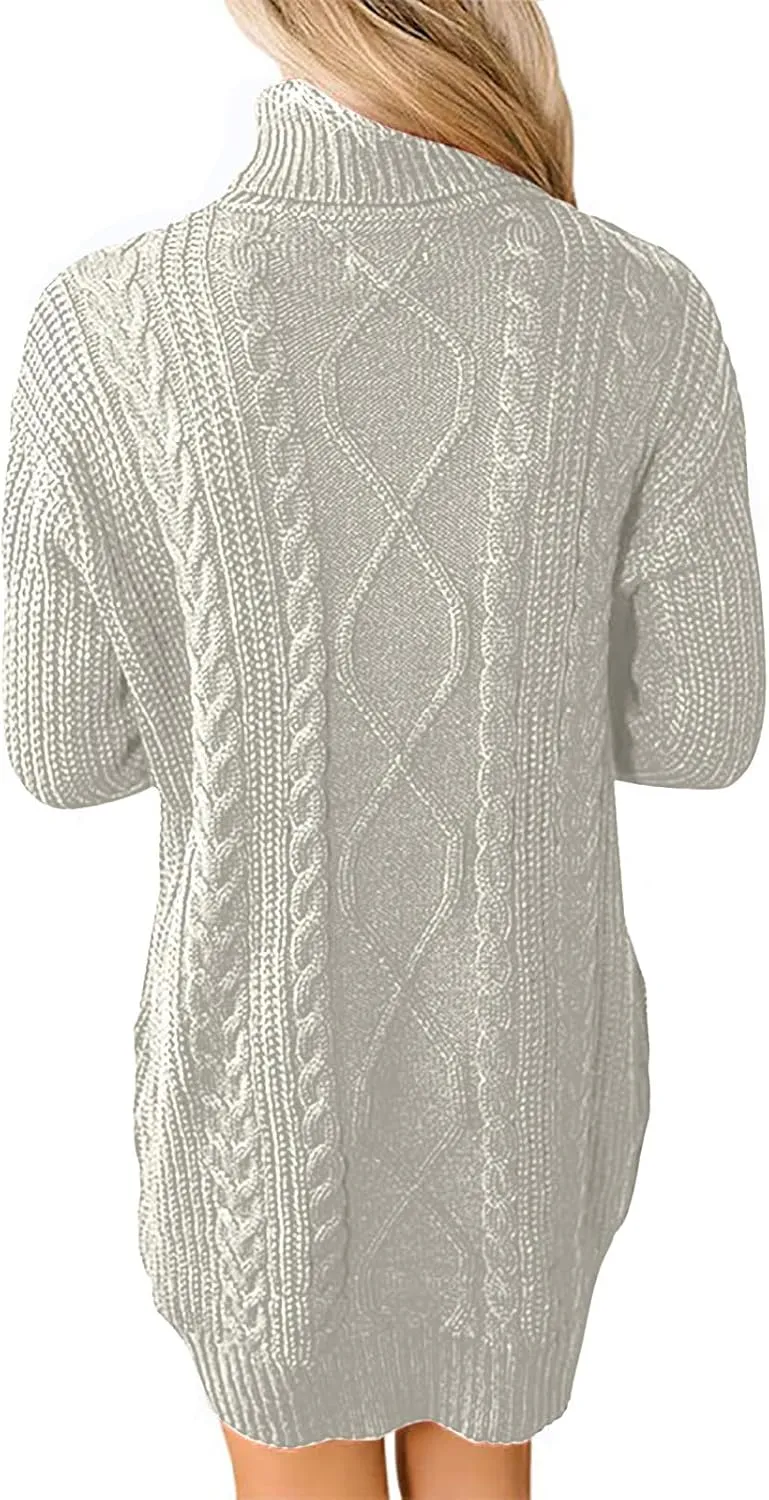 Women's Turtleneck Pullover Fall Winter Cable Knit Long Sleeve Chunky Mini Dresses Sweaters Casual Solid Color Tops