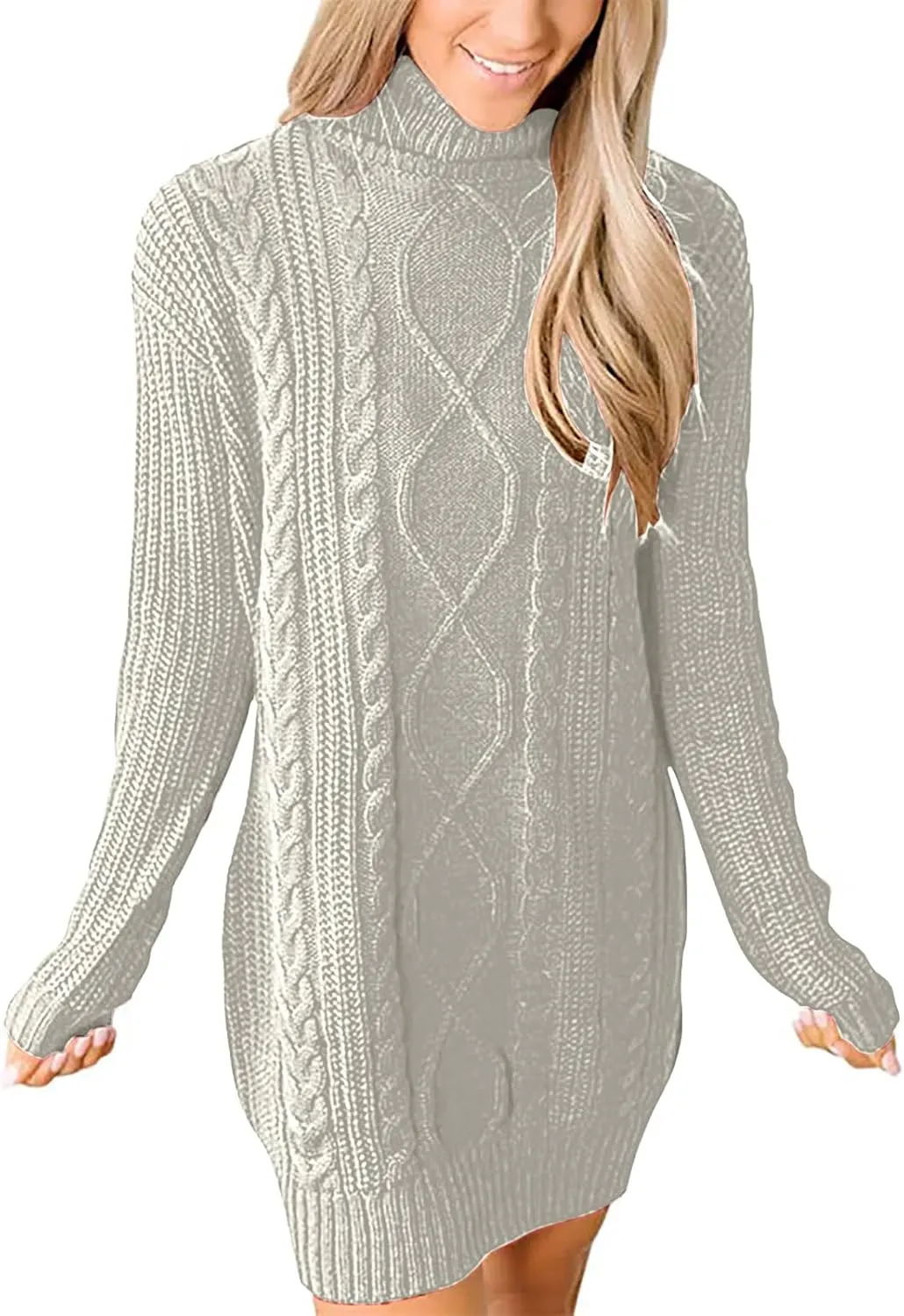 Women's Turtleneck Pullover Fall Winter Cable Knit Long Sleeve Chunky Mini Dresses Sweaters Casual Solid Color Tops