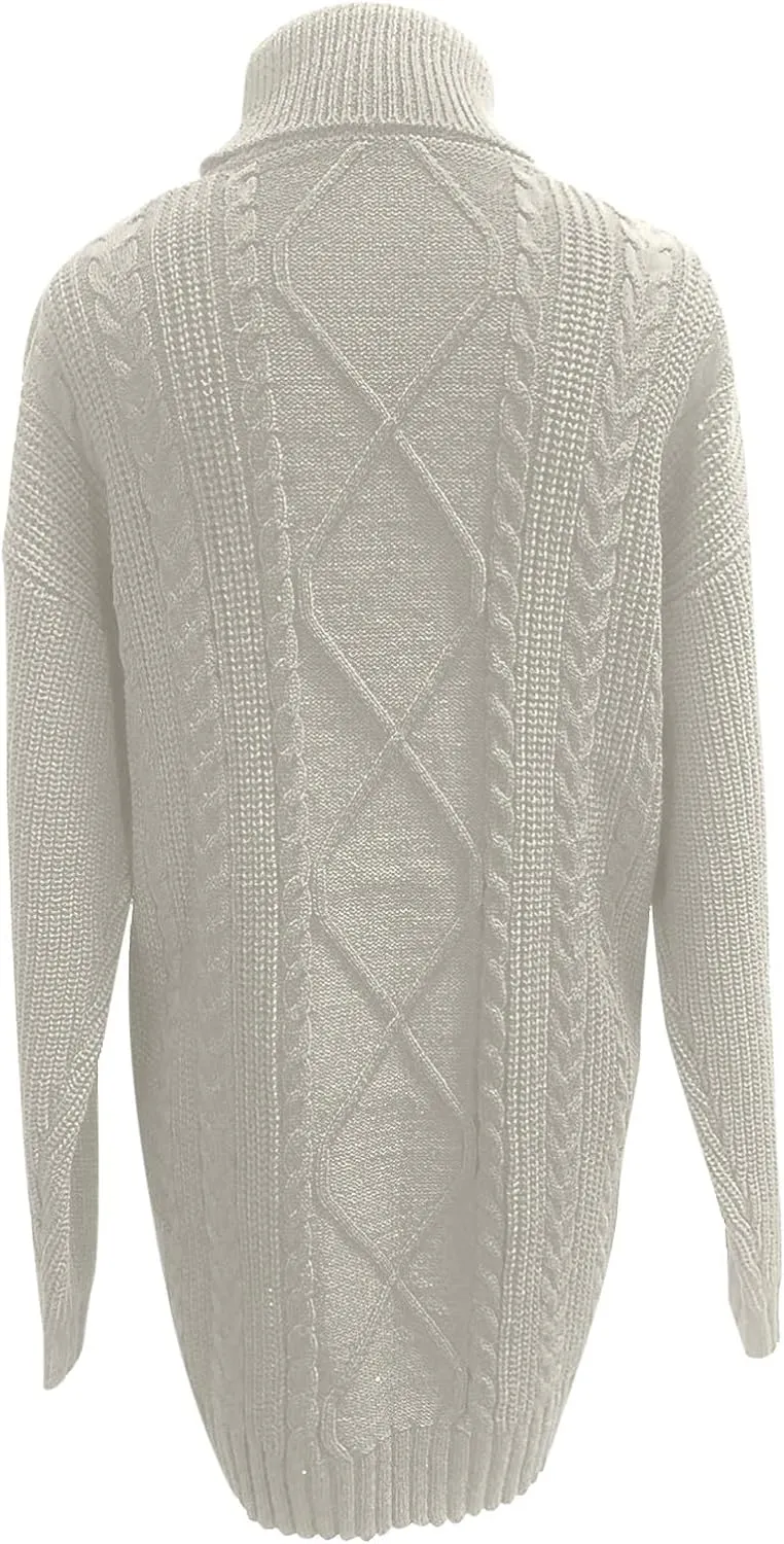Women's Turtleneck Pullover Fall Winter Cable Knit Long Sleeve Chunky Mini Dresses Sweaters Casual Solid Color Tops