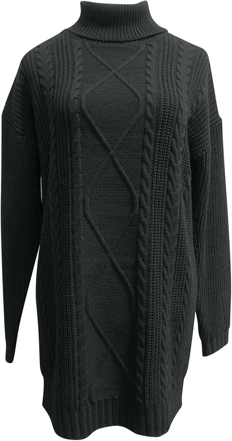 Women's Turtleneck Pullover Fall Winter Cable Knit Long Sleeve Chunky Mini Dresses Sweaters Casual Solid Color Tops