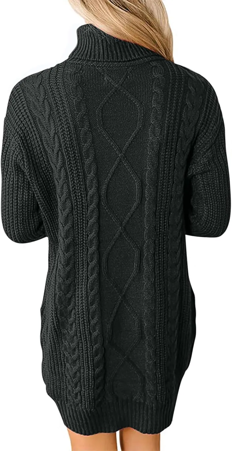 Women's Turtleneck Pullover Fall Winter Cable Knit Long Sleeve Chunky Mini Dresses Sweaters Casual Solid Color Tops