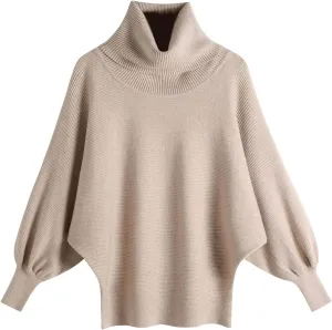 Womens Turtleneck Solid Batwing Sleeves Knitted Jumpers Oversized Sweaters and Pullovers Tops Ribbing Knit Sweater