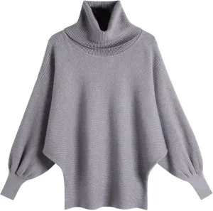 Womens Turtleneck Solid Batwing Sleeves Knitted Jumpers Oversized Sweaters and Pullovers Tops Ribbing Knit Sweater