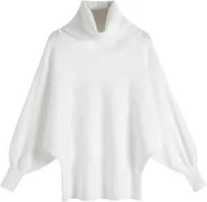 Womens Turtleneck Solid Batwing Sleeves Knitted Jumpers Oversized Sweaters and Pullovers Tops Ribbing Knit Sweater