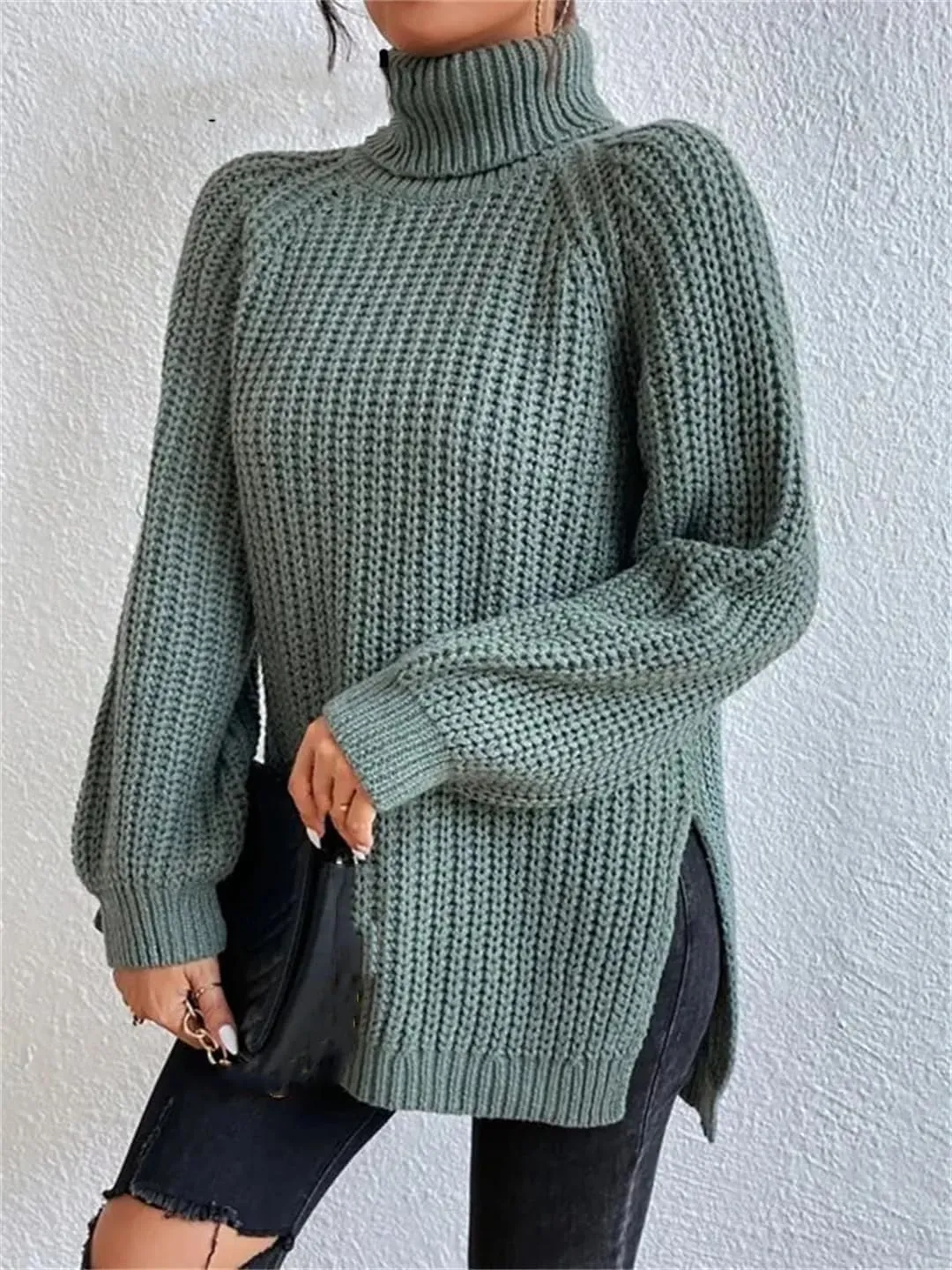 Women's Turtleneck Sweater Oversized Knitted Pullover Slit Solid Color Chunky Sweaters Jumpers
