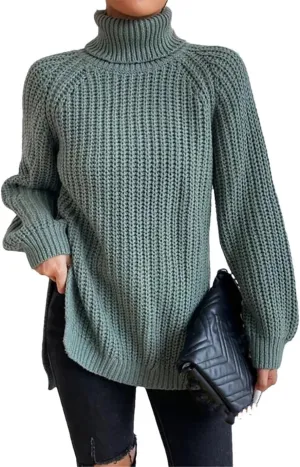Women's Turtleneck Sweater Oversized Knitted Pullover Slit Solid Color Chunky Sweaters Jumpers