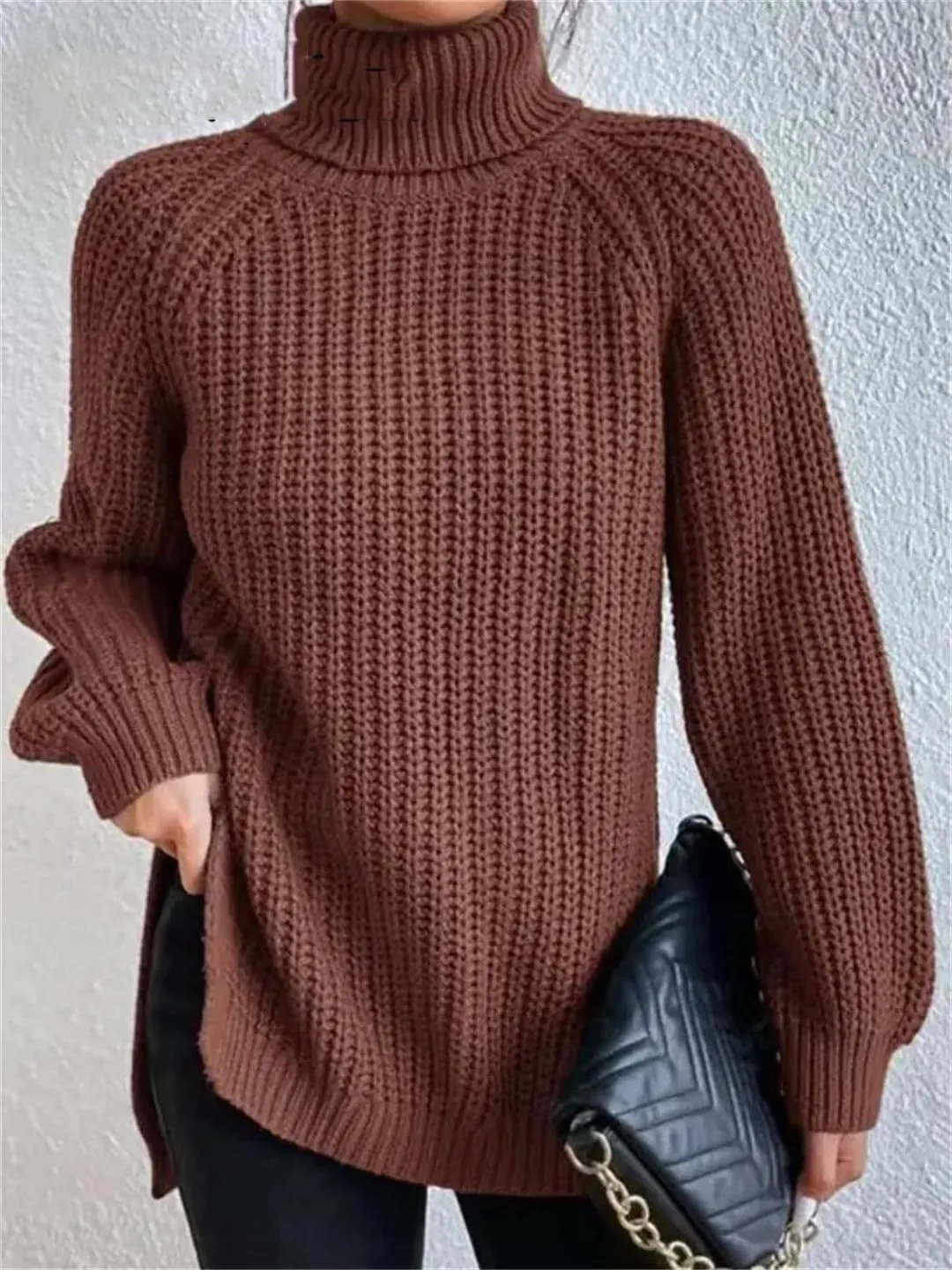 Women's Turtleneck Sweater Oversized Knitted Pullover Slit Solid Color Chunky Sweaters Jumpers