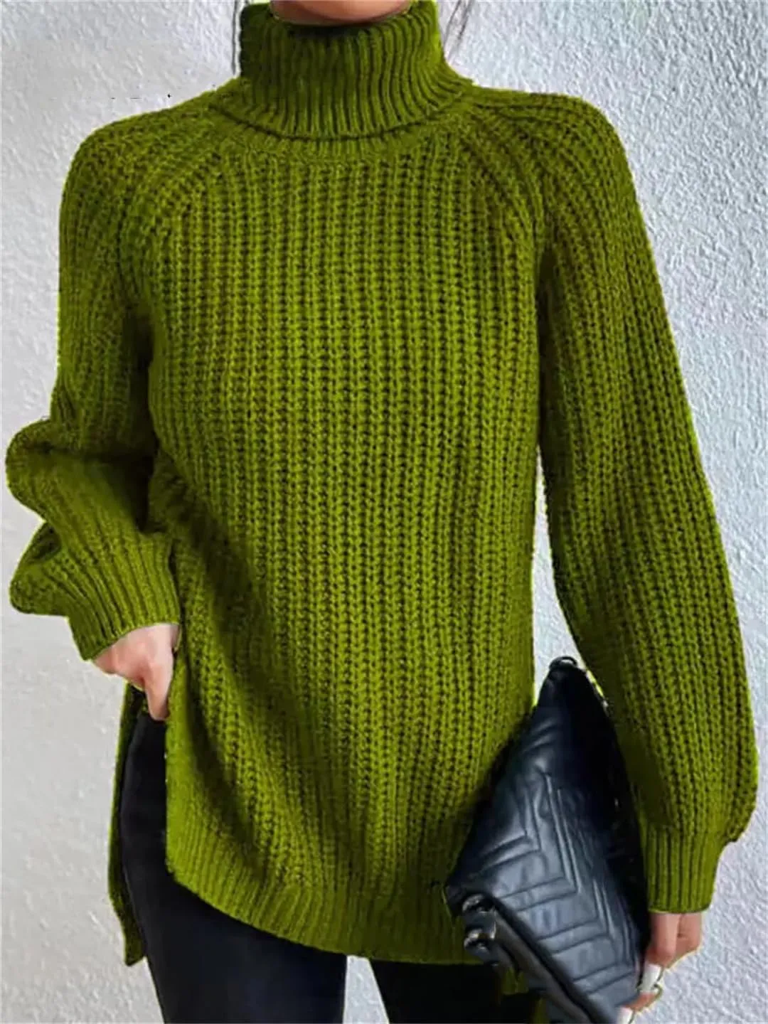 Women's Turtleneck Sweater Oversized Knitted Pullover Slit Solid Color Chunky Sweaters Jumpers